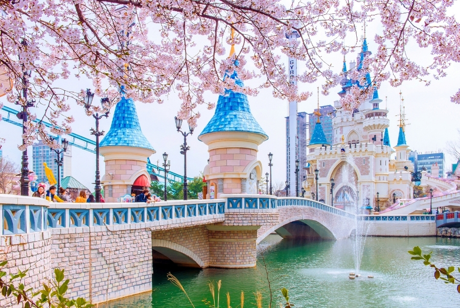 Khu vực Lotte World nằm ngay khu vực hồ Seokchon với hàng loạt hoa anh đào nở rộ