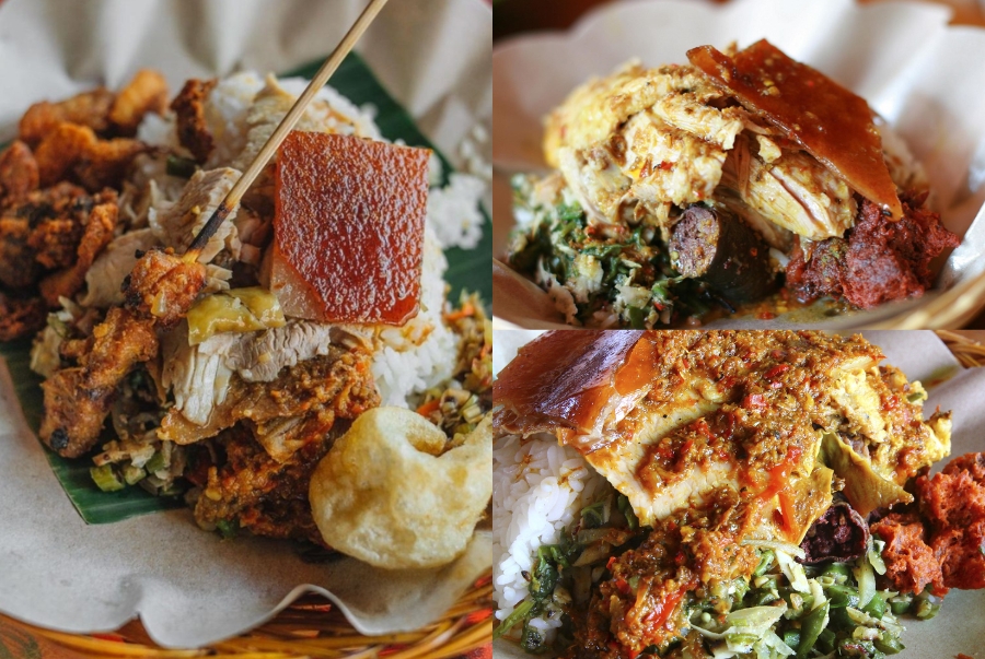 Một phần Babi Guling bao gồm thịt heo, da heo giòn, rau củ xào và nhiều nguyên liệu khác