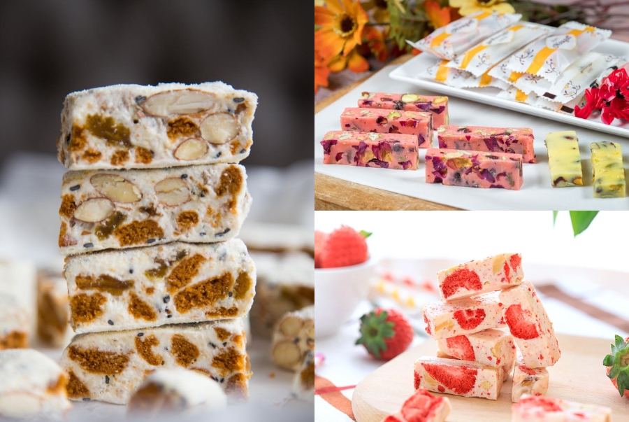 Kẹo Nougat được làm từ sữa tươi, đường và bột hạnh nhân cùng đa dạng các loại hạt khác nhau