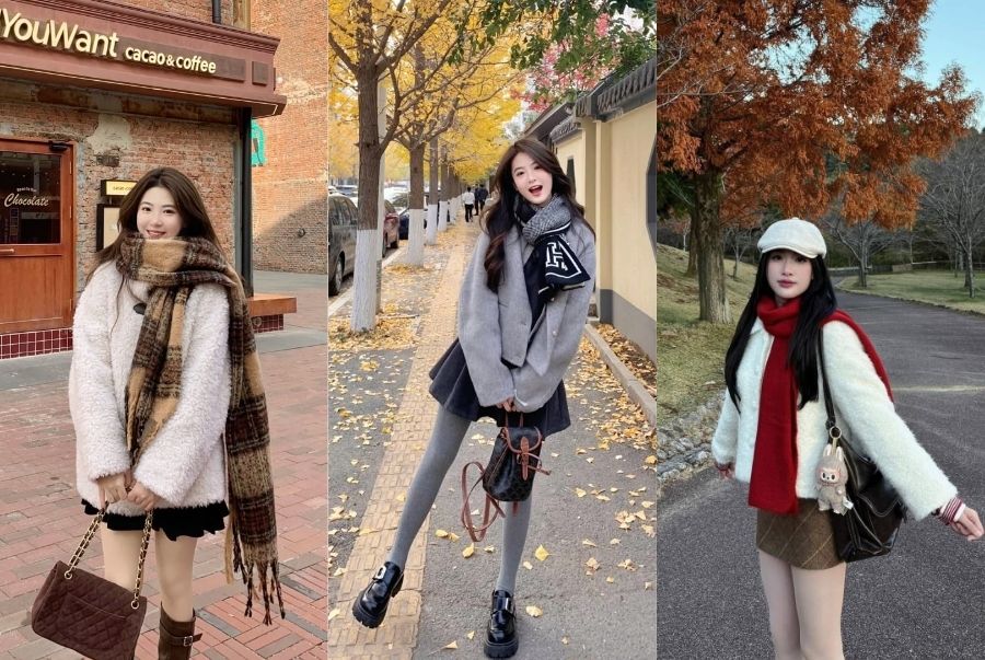 Outfit áo len váy ngắn phối khăn choàng giúp bạn nổi bật trong đêm thu Bắc Kinh