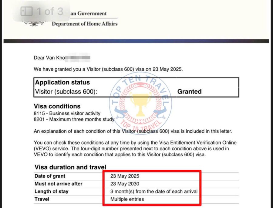 1 chiếc visa Úc 5 năm siêu hiếm tại Top Ten Travel