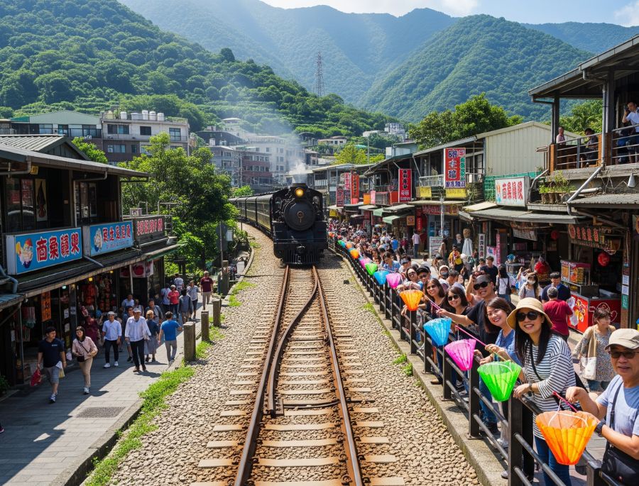 Rất nhiều khách du lịch đến với làng cổ thập phần để được check in cùng đoàn xe lửa truyền thống