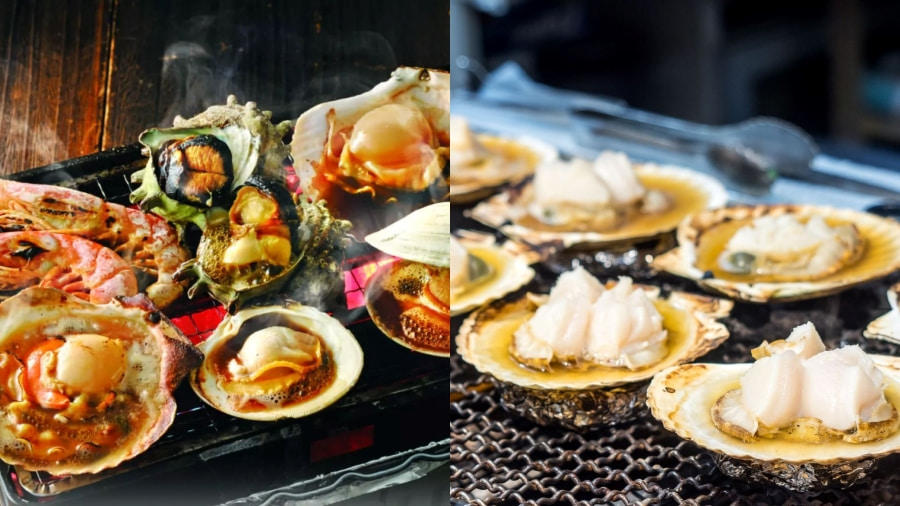 Từ những con sò điệp, hàu, tôm, đến cua tươi rói, tất cả đều được nướng trên bếp than hồng, giữ nguyên vị ngọt tự nhiên của biển cả