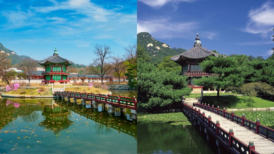 Hyangwonjeong là một đình bát giác duyên dáng nằm trên một hòn đảo nhỏ giữa hồ nhân tạo, được nối với bờ bằng cầu Chuihyanggyo