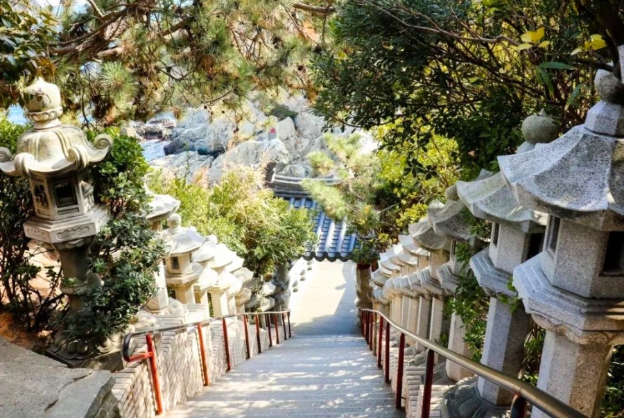 Để lên cổng chùa du khách phải đi qua một đoạn dài với hàng trăm bậc đá quanh sườn núi