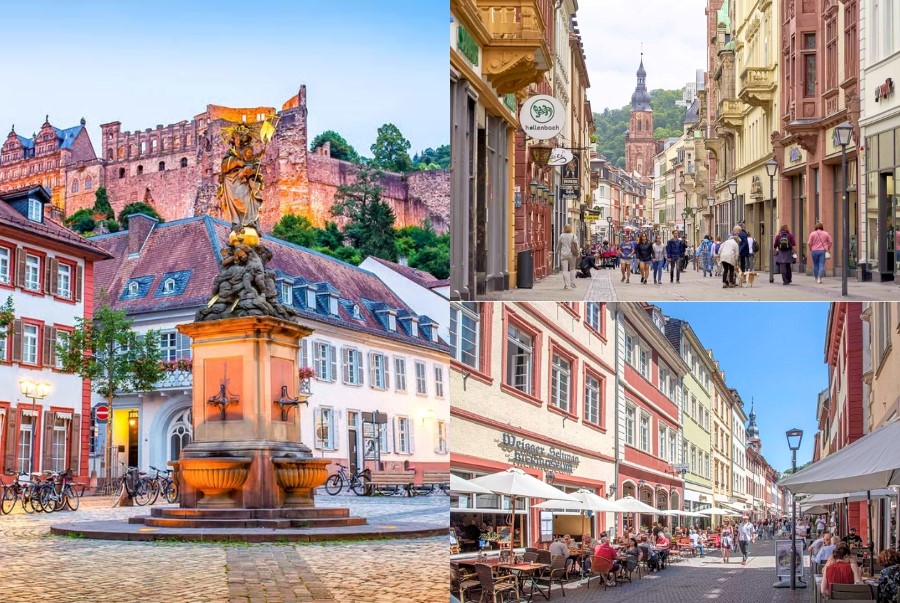 Phố cổ Heidelberg với những ngôi nhà màu pastel và con đường Hauptstrasse