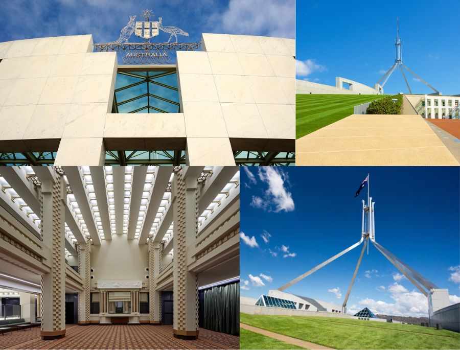 Kiến trúc tổng thể của Tòa nhà Quốc hội Úc là một sự kết hợp khéo léo giữa yếu tố hiện đại và cảm hứng từ thiên nhiên