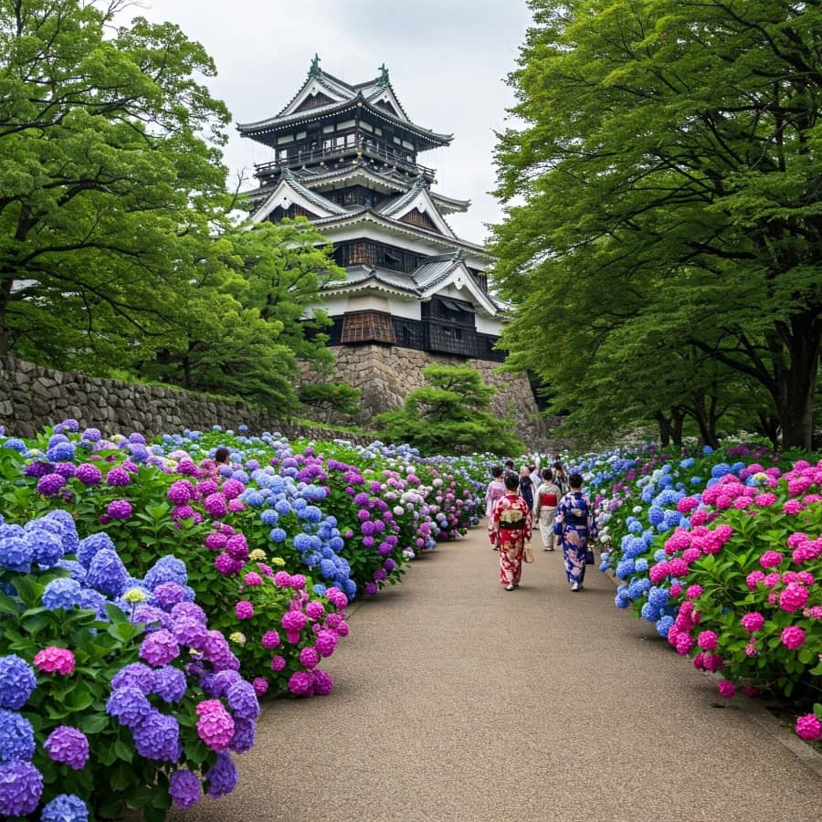 Lâu đài Hirosaki ở tỉnh Aomori còn ẩn chứa một con đường hoa cẩm tú cầu duyên dáng, mang đến một sắc màu khác biệt vào mùa hè