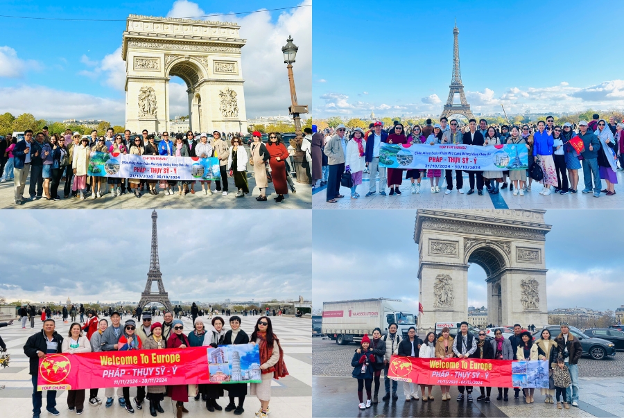 Đoàn khách Top Ten Travel check-in tại Khải Hoàn Môn và Tháp Eiffel