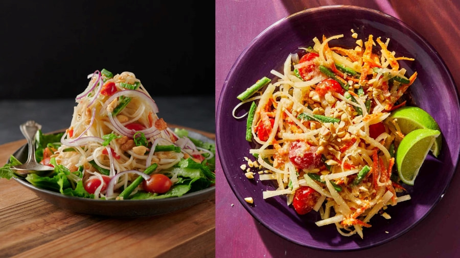 Som Tum là món gỏi đu đủ xanh nổi tiếng với hương vị cay nồng, chua dịu và giòn mát