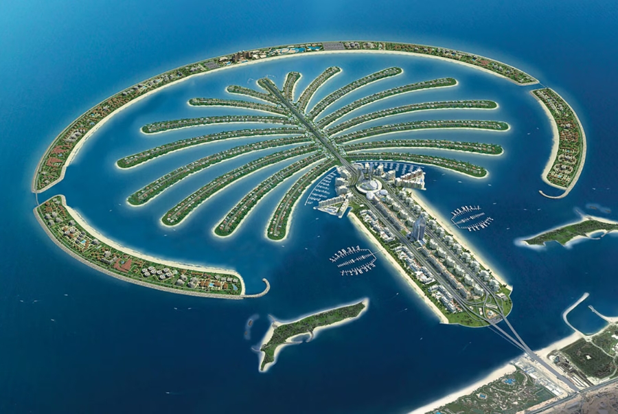 Palm Jumeirah là hòn đảo nhân tạo nổi tiếng của Dubai với hình dạng cây cọ độc đáo