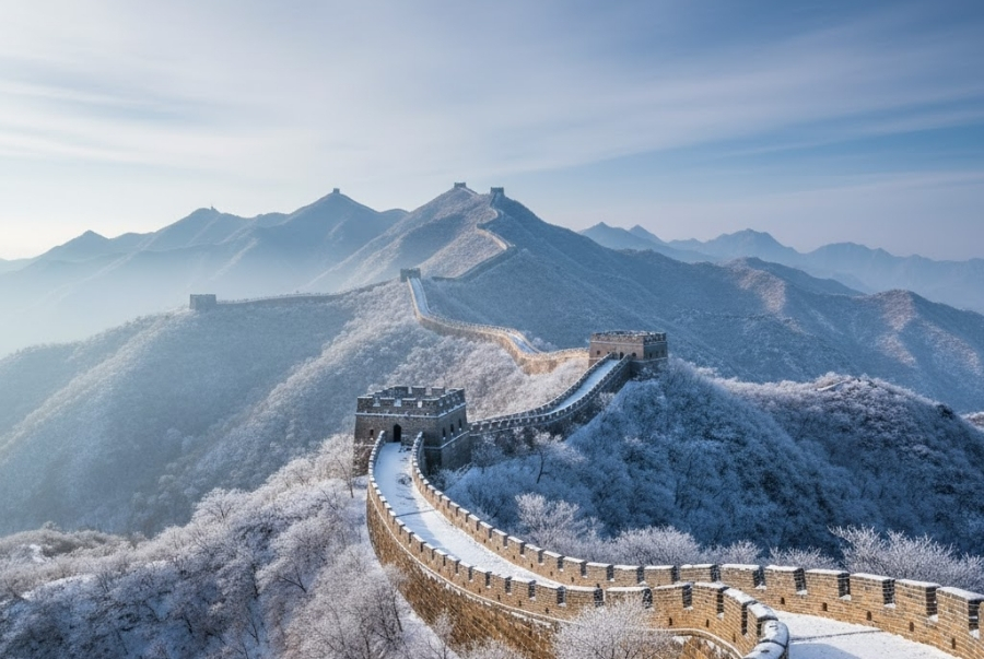 Vạn Lý Trường Thành hùng vĩ khoác lên mình chiếc áo trắng tinh mỗi khi mùa đông về