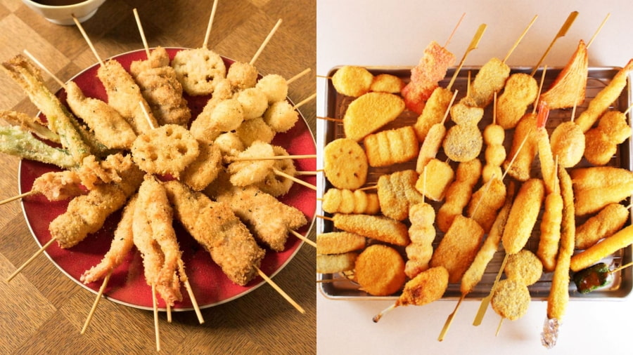 Kushikatsu là đặc sản Osaka nổi tiếng với những xiên đồ ăn được tẩm bột chiên xù giòn rụm