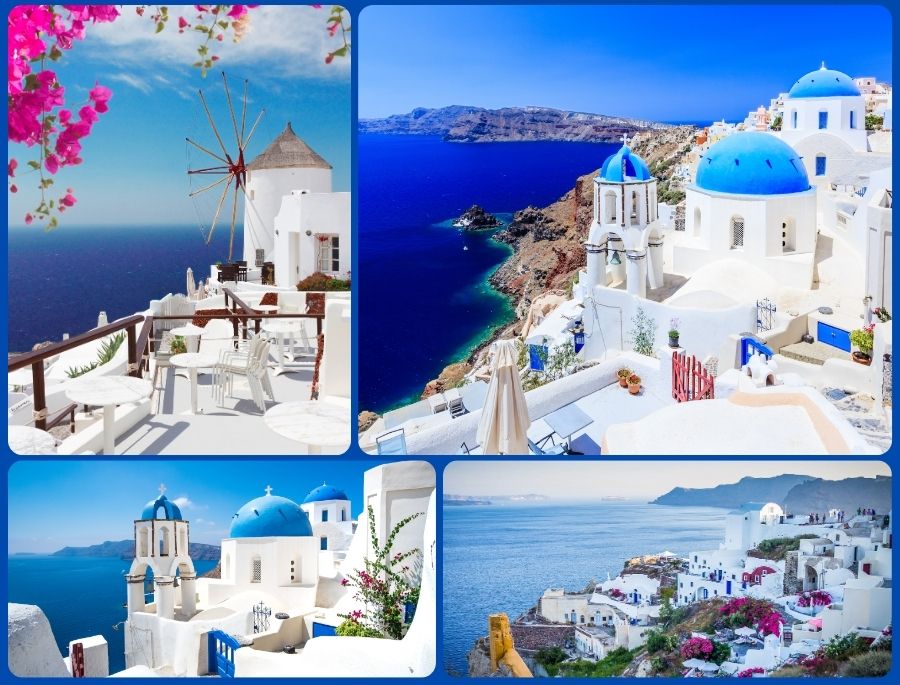 Santorini như một bức tranh sống động với những ngôi nhà trắng tinh khôi xen kẽ mái vòm xanh ngắt