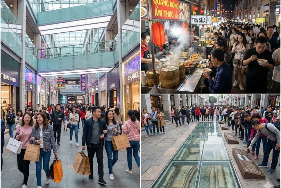 Khi đến đây du khách nhất định phải tham quan lớp đường cổ ngay dưới long phố