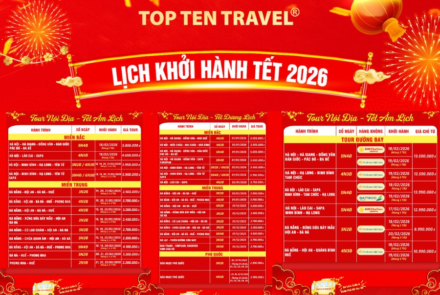 Danh sách các hành trình tour du lịch tết trong nước dịp tết 2026 của Top Ten Travel