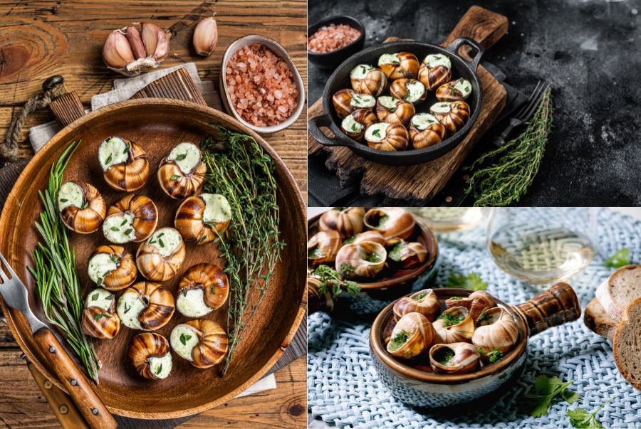 Escargot là món ăn đặc sản độc đáo, thường được chế biến từ ốc sên nướng với bơ, tỏi và rau thơm