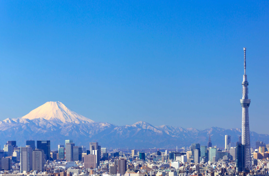 Vào những ngày trời trong xanh, bạn sẽ có cơ hội chiêm ngưỡng núi Phú Sĩ uy nghiêm phía chân trời từ Đài quan sát Tokyo Skytree