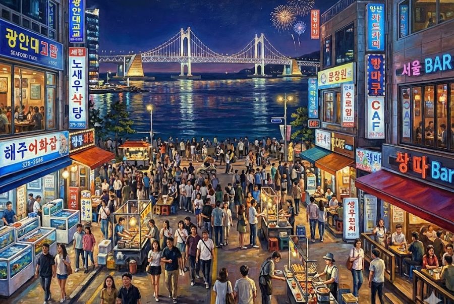 Gwangalli nổi tiếng với bãi biển thơ mộng và cầu Gwangan rực sáng vào ban đêm