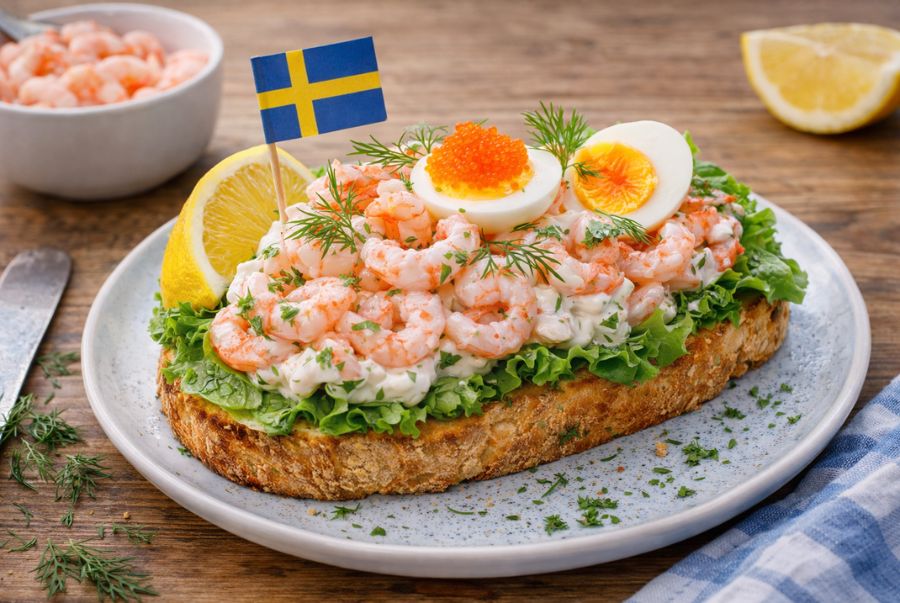 Räksmörgås gây ấn tượng với lớp tôm tươi được xếp lớp ở phía trên