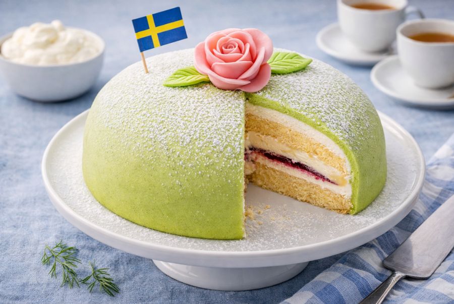 Prinsesstårta là món bánh ngọt gây ấn tượng bởi lớp marzipan xanh lá mịn màng