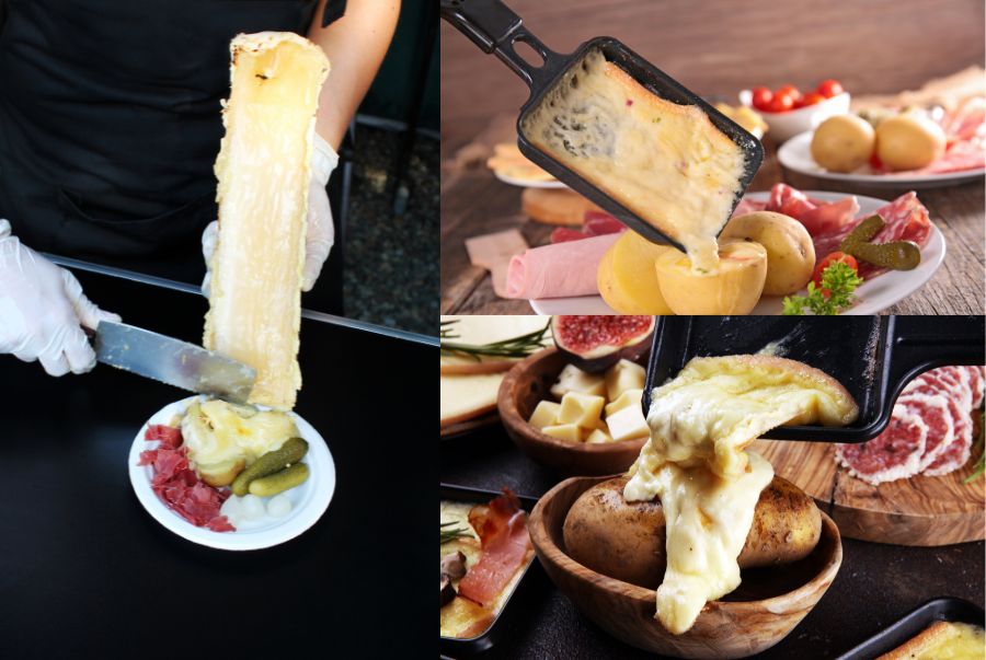Một phần Raclette truyền thống thường được nấu bằng cách hơ miếng phô mai lớn trước lò cho đến khi lớp ngoài tan chảy