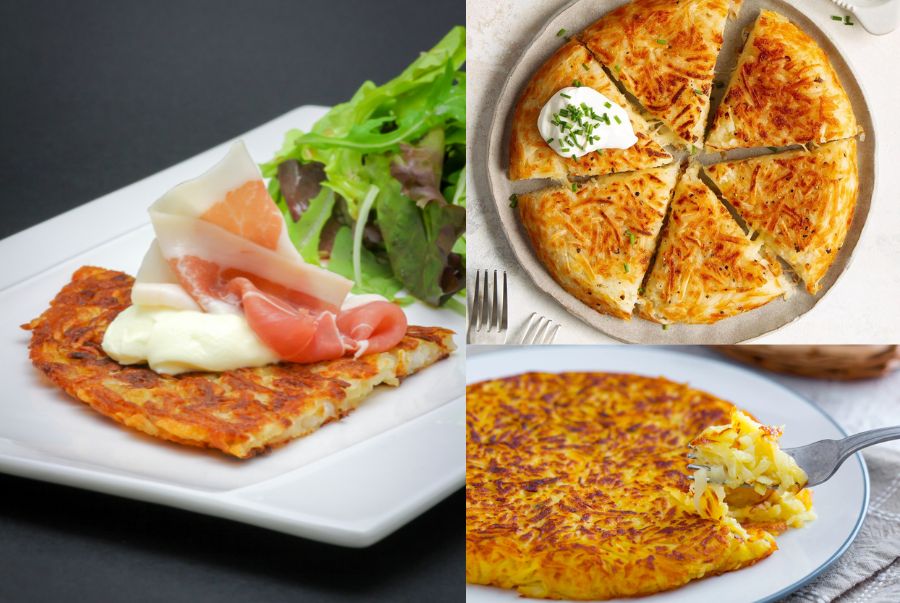 Rösti sở hữu phần vỏ giòn rụm bao bọc phần ruột mềm thơm