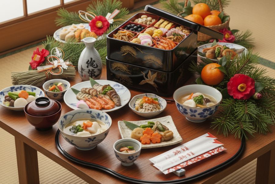 Một mâm cơm ngày tết của người Nhật Bản với các món ăn chính như Osechi Ryori, Ozoni, Toshikoshi Soba,...