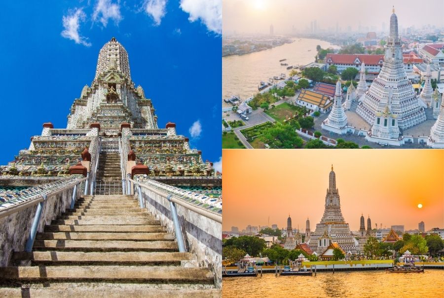 Chùa Wat Arun nằm bên sông Chao Phraya, nổi tiếng với ngọn tháp trung tâm cao vút