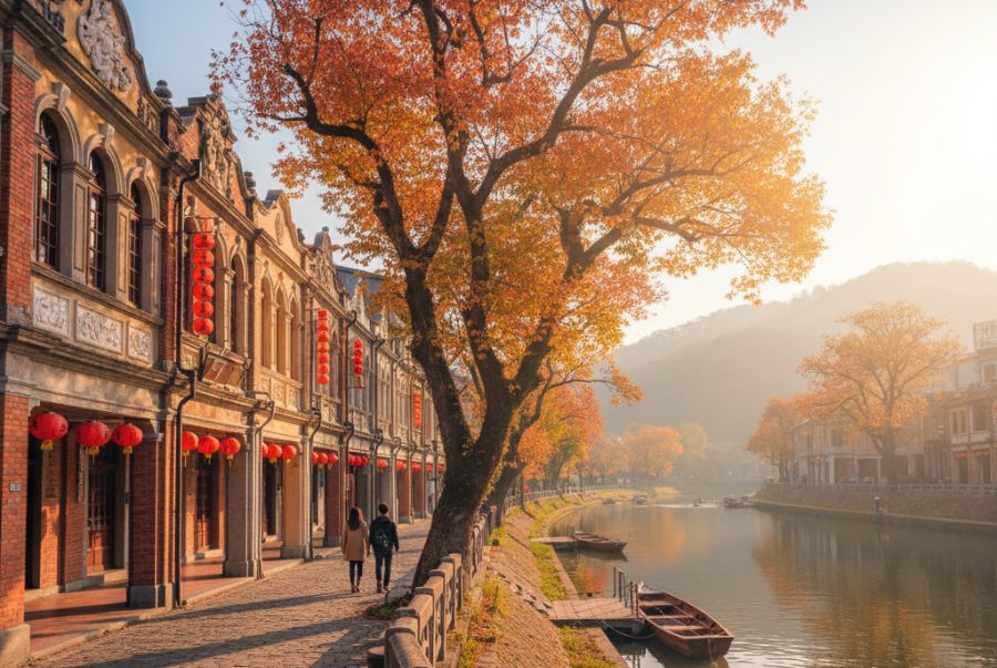 Khung cảnh tại làng cổ Daxi trở nên thơ mộng với mặt sông phẳng lặng soi bóng những hàng cây phong đỏ rực