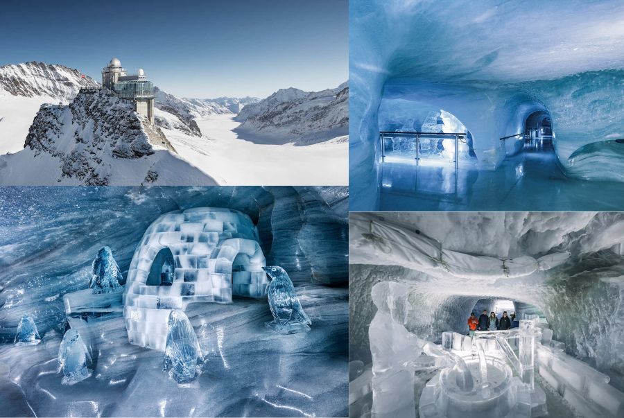 Cung điện băng (Ice Palace) hiện ra như một kỳ quan giữa lòng núi, nơi nghệ thuật và thiên nhiên hòa làm một