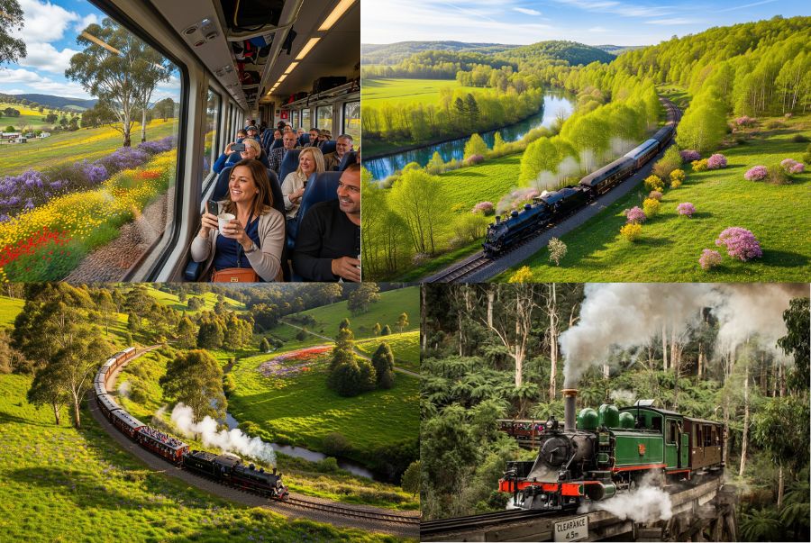 Toàn cảnh Puffing Billy băng qua bức tranh thiên nhiên mùa xuân rực rỡ của nước Úc