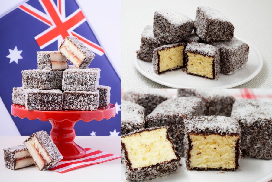 Lamington là loại bánh bông lan phủ socola và dừa nạo bên ngoài