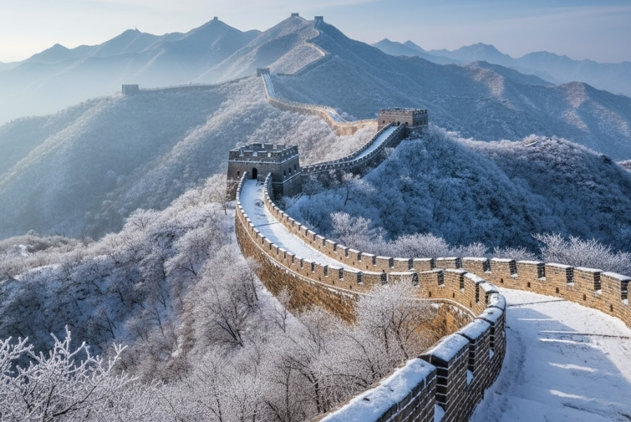 Vẻ đẹp của những bức tường thành uốn lượn quanh sườn núi phủ tuyết trắng xoá