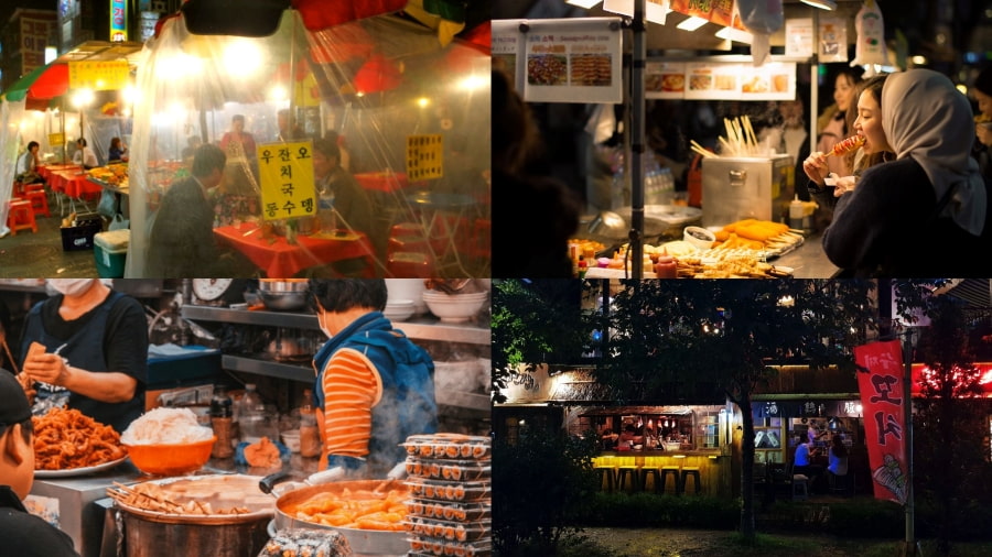 Pojangmacha, những quán cóc di động đặc trưng của Seoul, trở nên đặc biệt thú vị khi màn đêm buông xuống