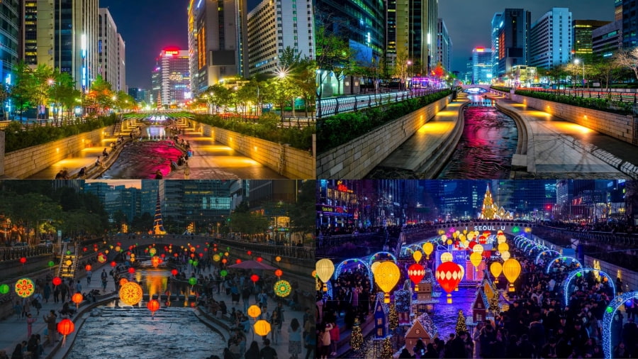 Suối Cheonggyecheon về đêm chắc hẳn sẽ là một trải nghiệm đáng để bạn ghé thăm khi đi du lịch Seoul về đêm