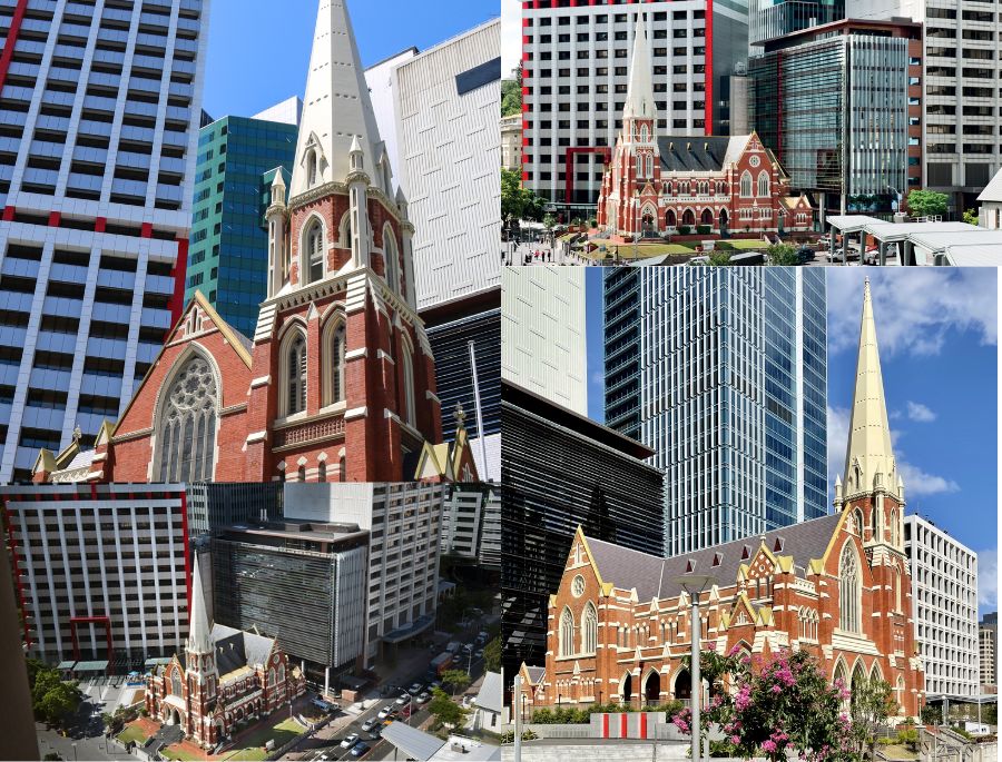 Nhà thờ Albert Street Uniting Church mang phong cách Gothic với mái nhọn và cửa kính màu độc đáo