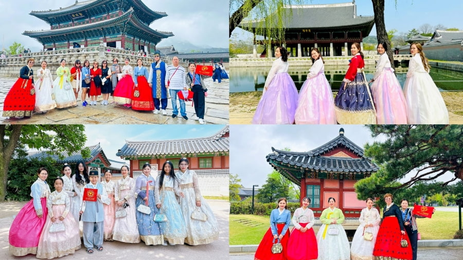 Các vị khách nhà Top Ten Travel thích thú trong bộ hanbok khi đi du lịch Hàn Quốc