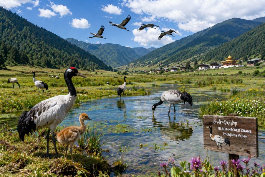 Thung lũng Phobjikha sở hữu loài sếu cổ đen quý hiếm