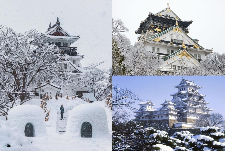 Vẻ đẹp cổ kính của lâu đài Osaka càng nổi bật hơn với những lớp bông tuyết trắng