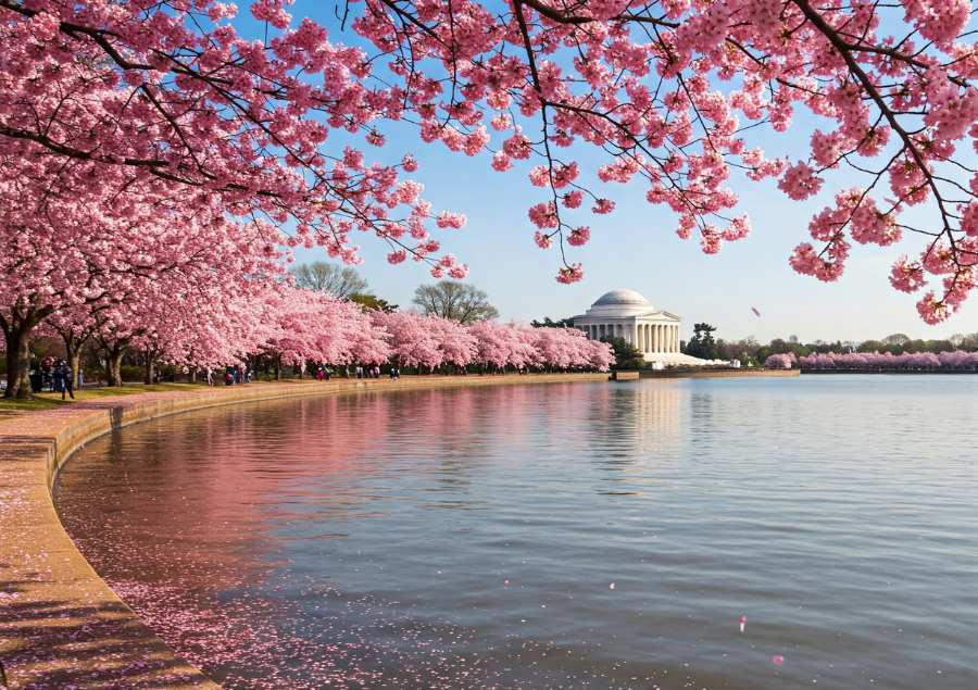 Khung cảnh được rực rỡ của nước Mỹ khi những bông hoa anh đào bắt đầu bung nở rực rỡ