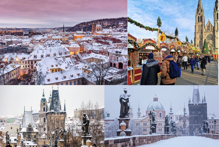 Hình ảnh tuyết rơi trắng xóa phủ kín mái ngói đỏ tại Prague dịp giáng sinh