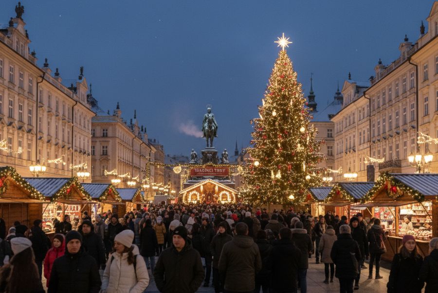 Quảng trường Wenceslas sở hữu không gian hiện đại và sôi động với hàng ngàn ánh đèn lung linh