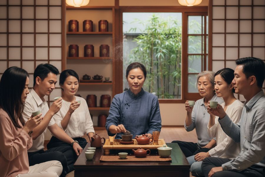 Mọi người cùng nhau thưởng trà và chiêm ngưỡng văn hóa pha trà độc đáo của các nghệ nhân