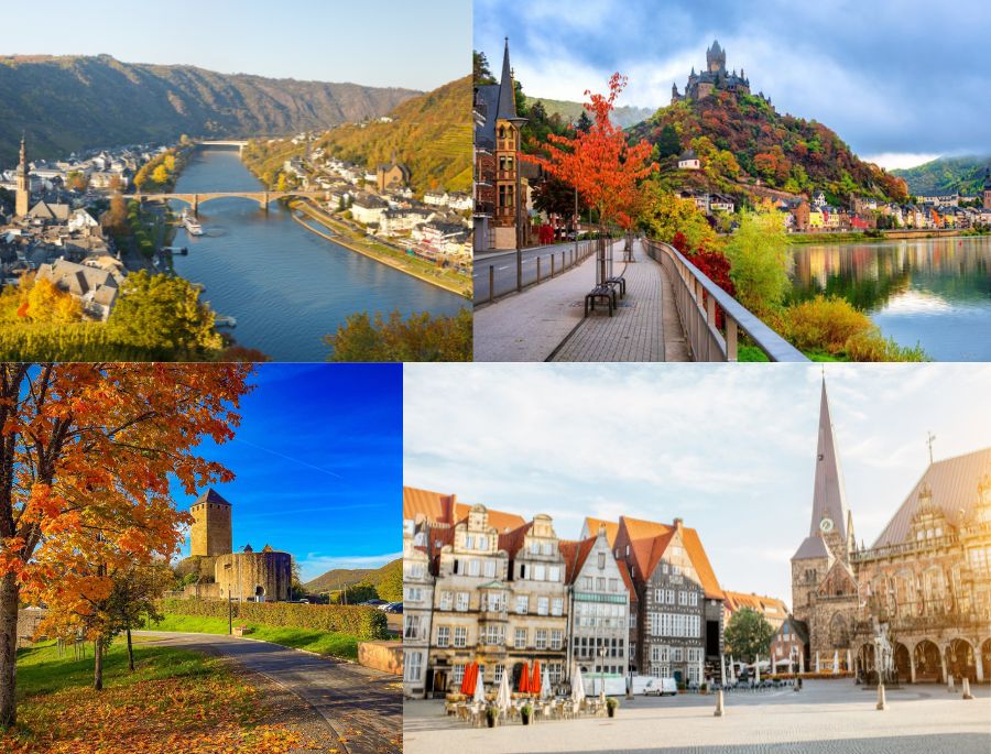 Khung cảnh trời thu trong xanh, kết hợp với những hàng cây chuyển màu rực rỡ tại nước Đức