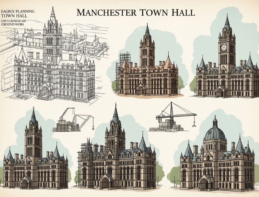 Tòa thị chính trải qua quá trình xây dựng và mở rộng nâng cấp trong nhiều năm