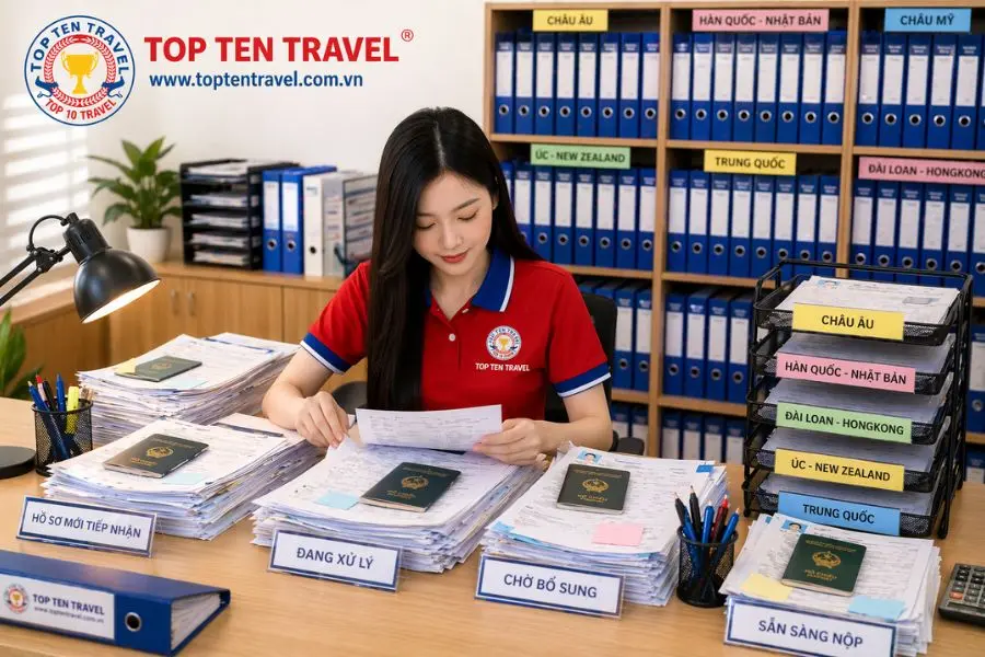 Chuyên viên visa Top Ten Travel phân loại, kiểm tra hồ sơ để đảm bảo độ tin cậy trong quá trình xét duyệt