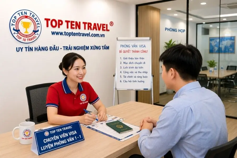 Khách hàng khi đến với Top Ten Travel sẽ được luyện phỏng vấn 1-1 để được hướng dẫn trả lời đúng trọng tâm