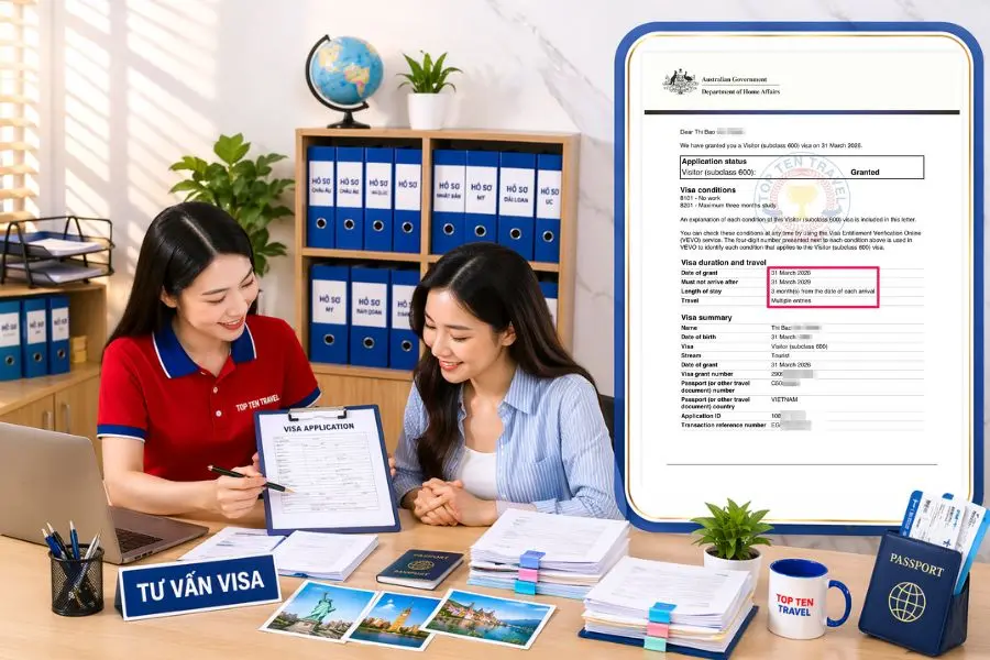 Sau khi đã chuẩn bị hoàn tất thủ tục, Top ten Travel sẽ tiến hành nộp hồ sơ và thông báo kết quả đến khách hàng