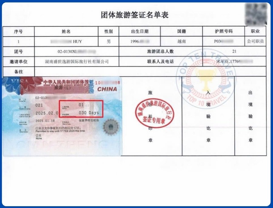 Visa đoàn được cấp dưới dạng một văn bản rời (dạng giấy A4) có mã QR và thông tin về các thành viên trong đoàn